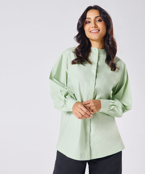 Mandarin Collar Cotton Oversized Shirt- Baby Green