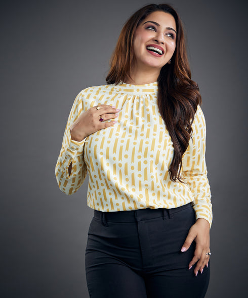 Long Sleeve Chiffon Yellow Printed Top