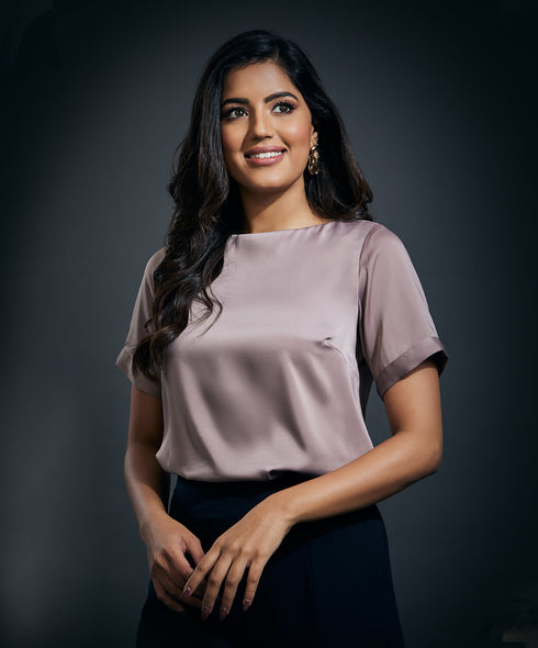 Short Sleeve Satin Solid Top-Brown