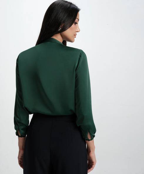 Long Sleeve Trim Attached Green Satin Top