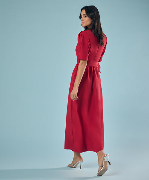 Puffed Sleeve Round Neck Midi Dress