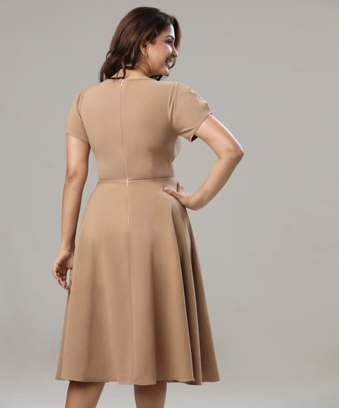 Front Neck Pleated Skater Beige Dress