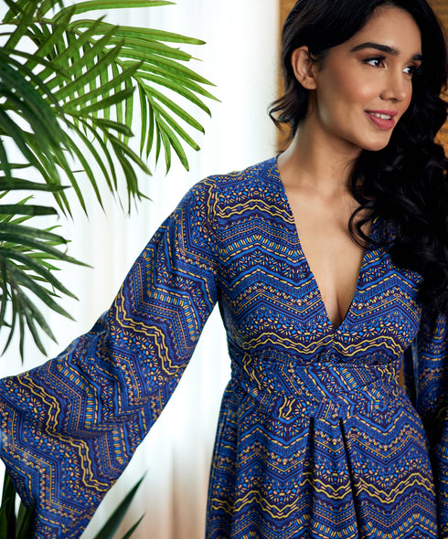 Chiffon Printed Draped Maxi Dress