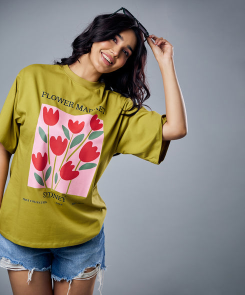 Tulip Flower Market Printed Oversized Tshirt