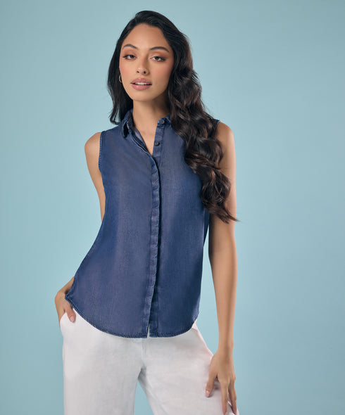 Sleeveless Hidden Placket Tencel Shirt Top