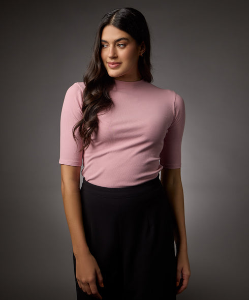 Short Sleeve High Neck Rib Top- Salmon Pink