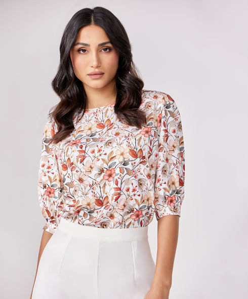 Half Puffed Sleeve Round Neck Printed Top