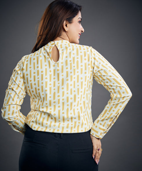 Long Sleeve Chiffon Yellow Printed Top