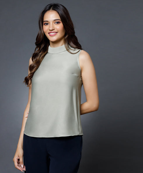Solid Satin Shoulder Dropped Olive Top