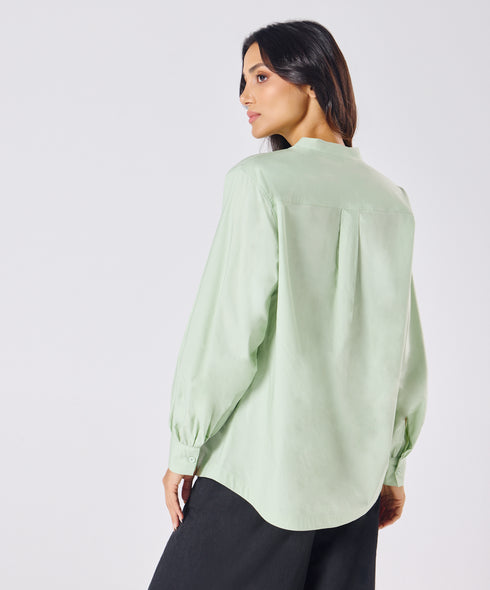 Mandarin Collar Cotton Oversized Shirt- Baby Green