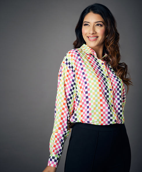 Oversized Ladies Check Printed Shirt