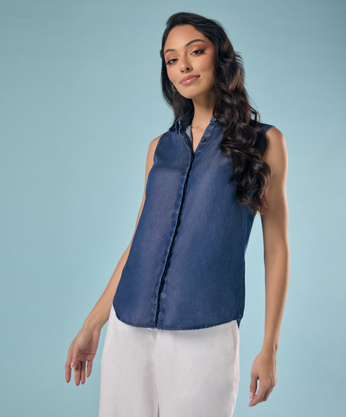 Sleeveless Hidden Placket Tencel Shirt Top