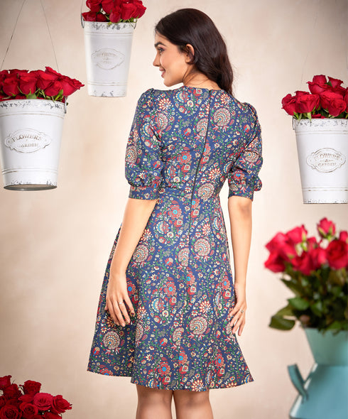 Puffed Sleeve Skater Blue Printed Dress