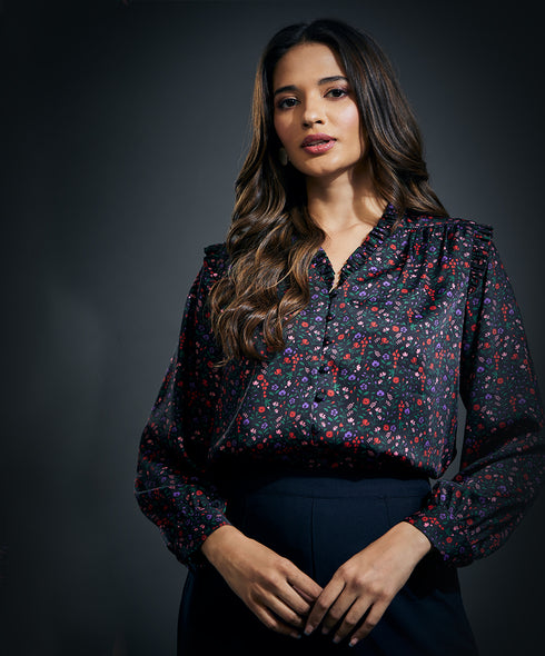 Chiffon Printed Vneck Shirt Top