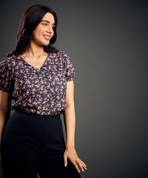 Vneck Sleeve Elasticated Printed Top