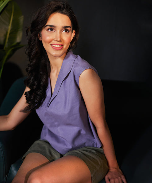 Lapel Vneck Linen Solid Top