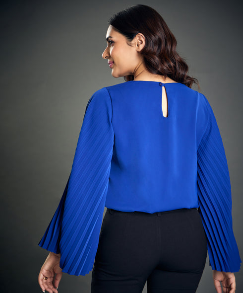 Sleeve Pleated Chiffon Royal Blue Top