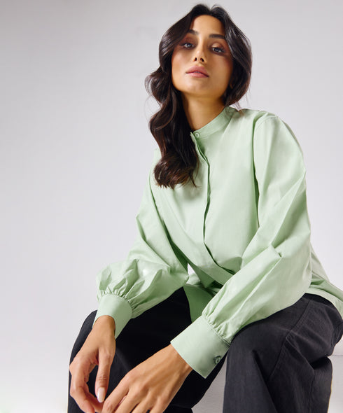Mandarin Collar Cotton Oversized Shirt- Baby Green