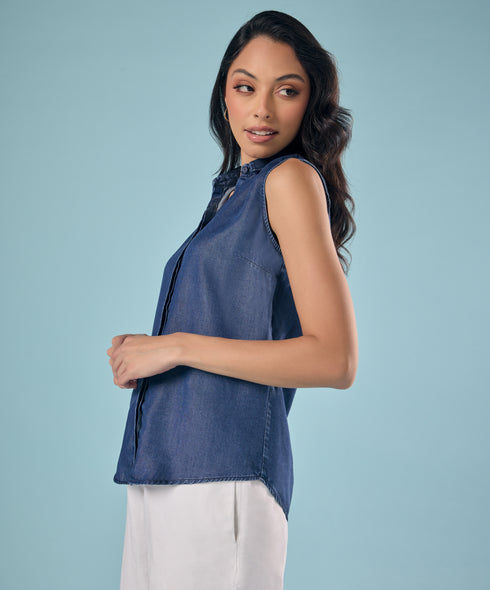 Sleeveless Hidden Placket Tencel Shirt Top