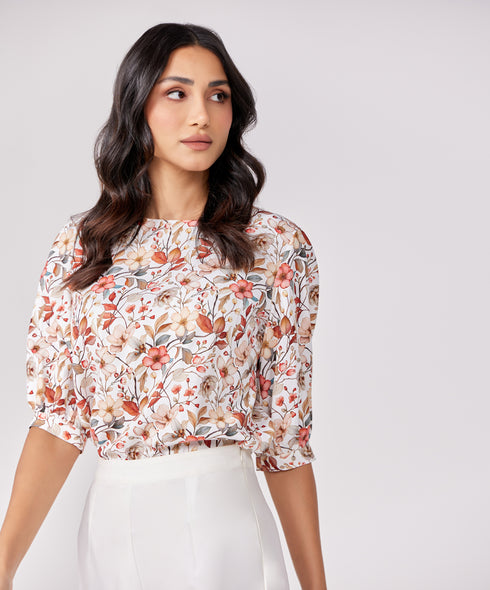 Half Puffed Sleeve Round Neck Printed Top