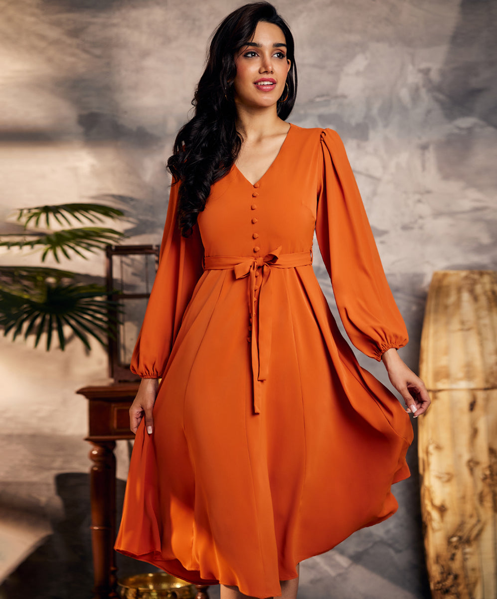 Viscose Tie Detail Dress Brown