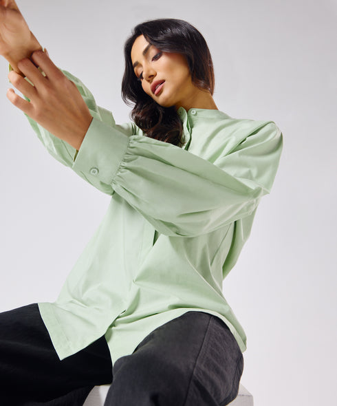 Mandarin Collar Cotton Oversized Shirt- Baby Green