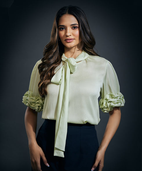 Sleeve Frilled Satin Half Sleeve Top-Green