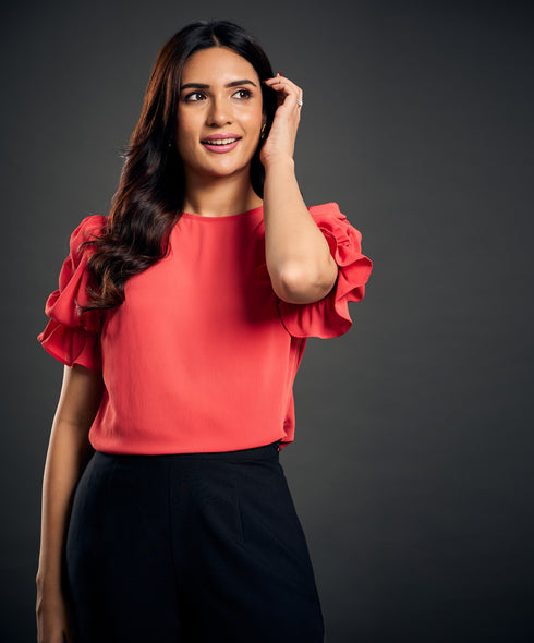 Sleeve Gathered Crepe Chiffon Top