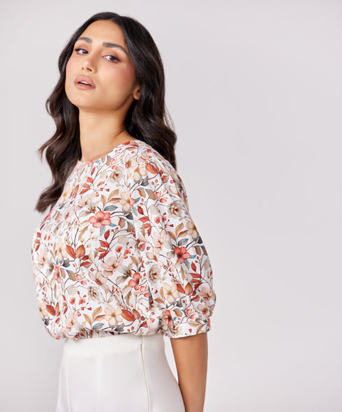Half Puffed Sleeve Round Neck Printed Top