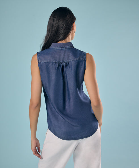 Sleeveless Hidden Placket Tencel Shirt Top
