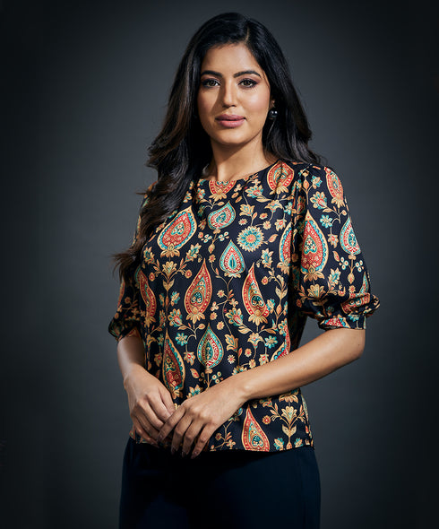 Half Sleeve Black Chiffon Round Neck Top