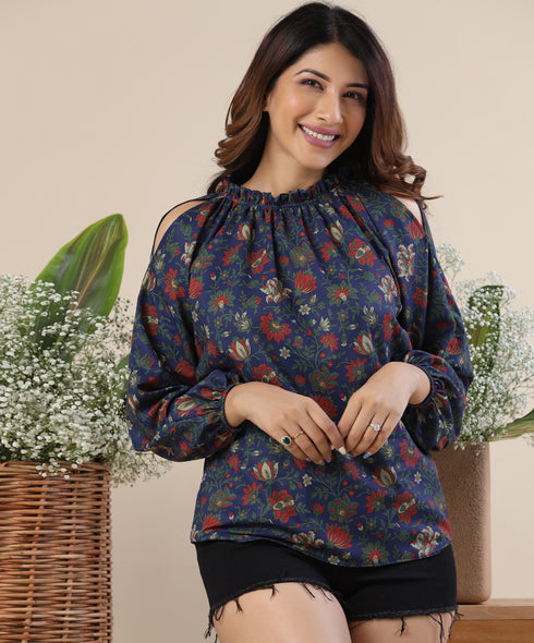 Ditsy Cold Shoulder Lantern Sleeve Blouse