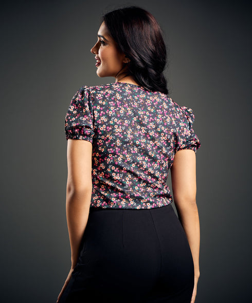 Vneck Sleeve Elasticated Printed Top