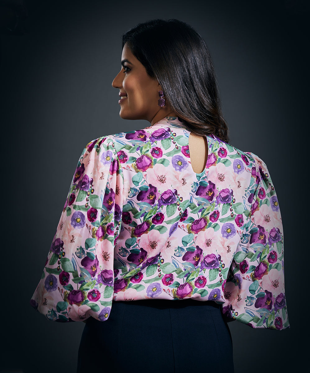 Women's Red Puff Sleeve Satin Shirt Style Top