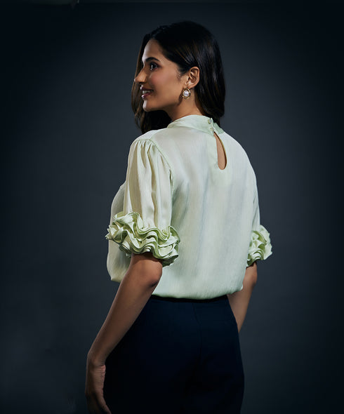 Sleeve Frilled Satin Half Sleeve Top-Green