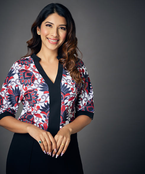 Notched Neckline Batwing Sleeve Printed Blouse