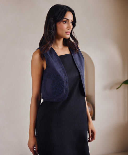 Sleeveless Embroidered Linen Blue Waist Coat