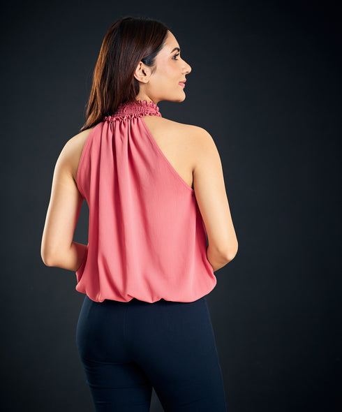Sleeveless Halter Neck Pink Top