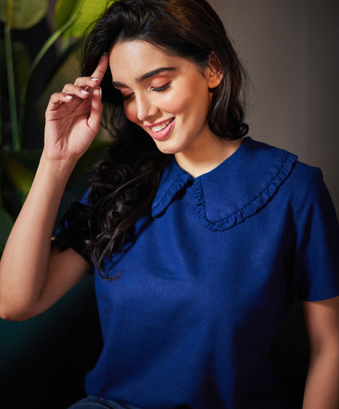 Peterpan Collared Dark Blue Linen Top