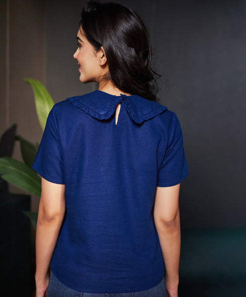 Peterpan Collared Dark Blue Linen Top