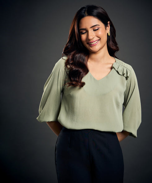 York Frilled Long Sleeve Green Top
