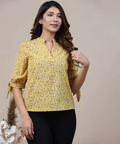Knot Cuff Floral Printed Yellow Top
