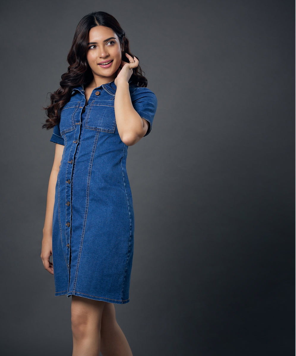 Classic Collared Front Buttoned Denim Dress – Zigzag