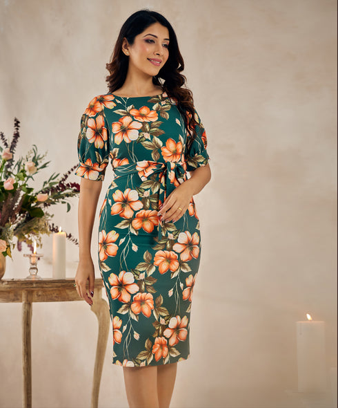 Sleeve Puffed Bodycon Green Dress