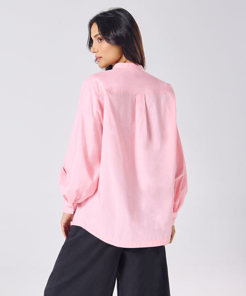Mandarin Collar Cotton Oversized Shirt- Rose Pink