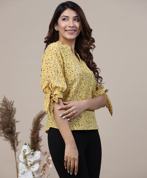 Knot Cuff Floral Printed Yellow Top