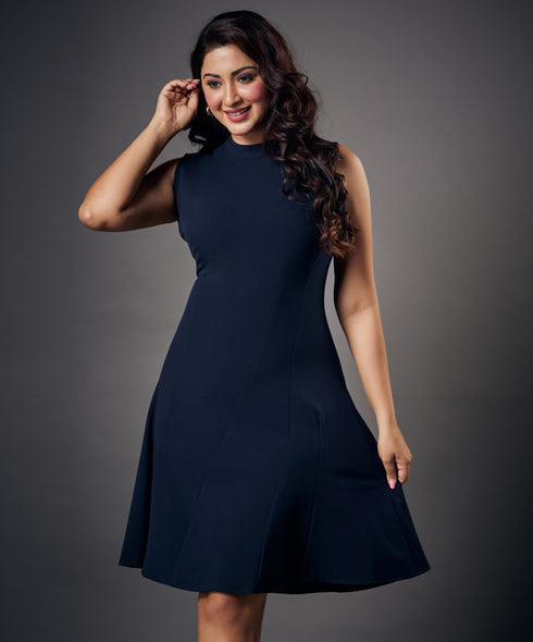 Slanted Panel Skater Navy Blue Dress