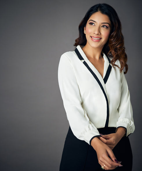 Contrast Long Sleeve White Chiffon Top