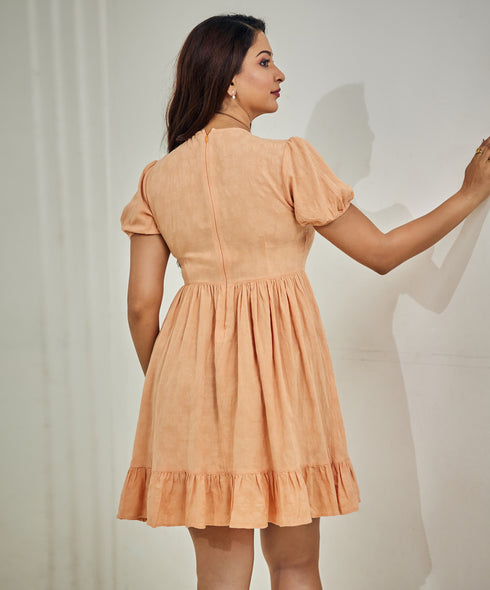Cotton Puff Sleeve Ruffle Hem Flare Dress