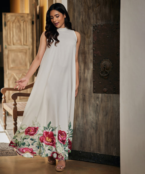 Pink Floral Flared Elegant Maxi Dress